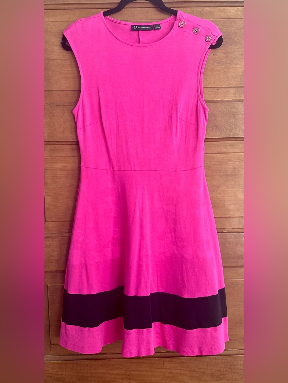 Vibrant Hot Pink Fit-and-Flare Dress with Black Band! Sz M, stretchy! EUC